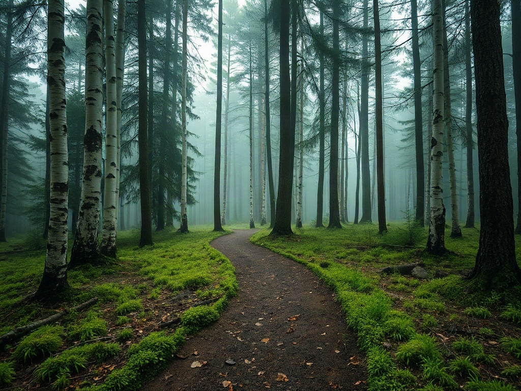 Misty forest trail through spruce and birch