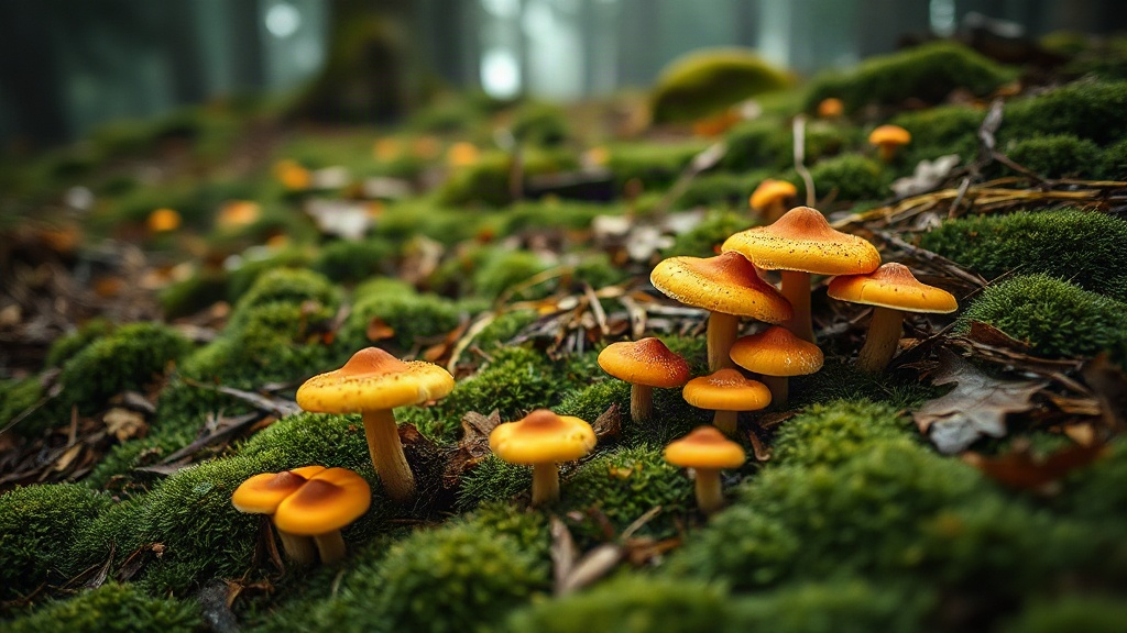 Misty pine forest floor with mushrooms after rain